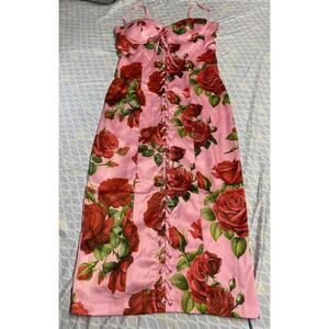 SUGAR THRILLZ Romantic Getaway Roses Midi Dress Pink Women Small Satin Charmeuse